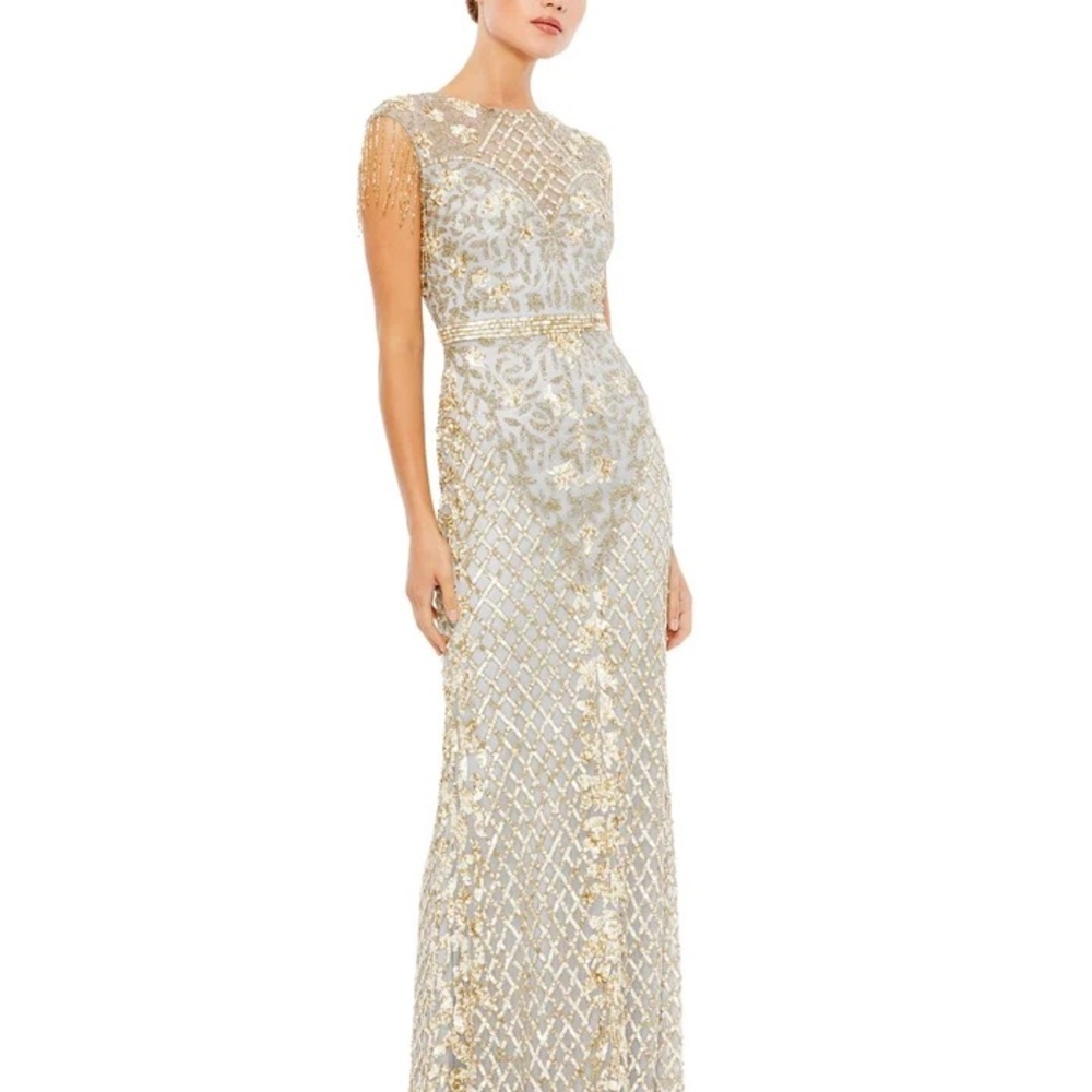 Embellished Metallic Gold-Beige Evening Gown